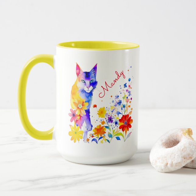Caneca Gato e Flores de Aquarela Personalizados (Com Donut)