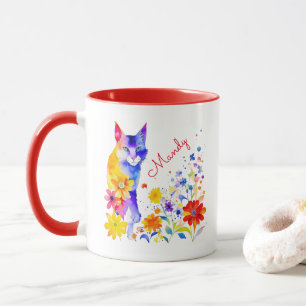 Caneca Gato e Flores em Aquarela Personalizado