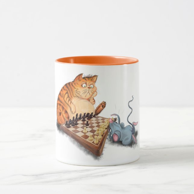 Caneca Gato e Rato Tocando Cartoon de Xadrez Engraçando E (Centro)
