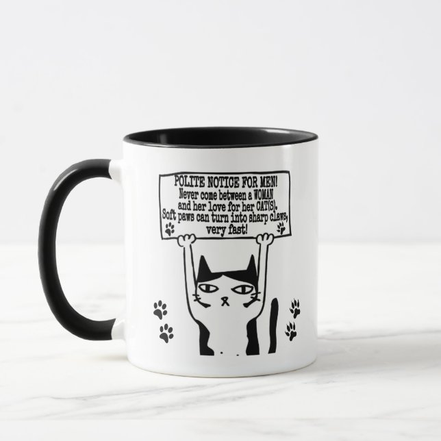 Caneca Gato Engraçado Que Tem Um Cartaz De Aviso Para Hom (Esquerda)