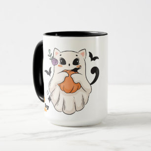 Caneca Gato Fantasma Bonito com Pumpkin   Spooky Hallowee