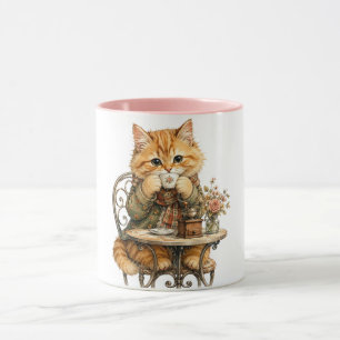 Caneca Gato Fofo Bebendo Café Aquarela Vintage