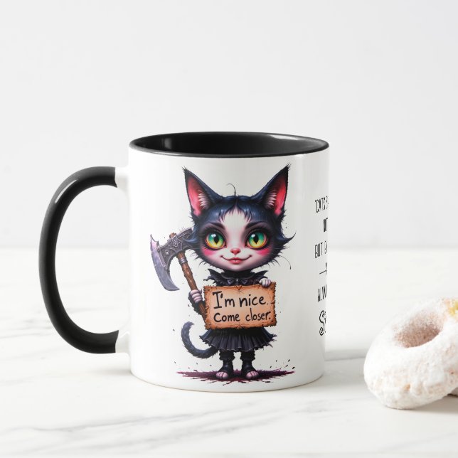 Caneca Gato Fofo Psicótico Assustador Gótico Com Machado  (Com Donut)
