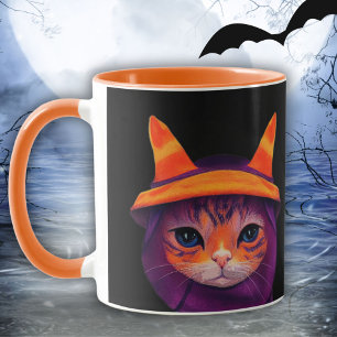 Caneca Gato Laranja com o Chapéu das Bruxas Preto