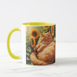 Caneca Gato Laranja Gordo Sonolento com Girassóis