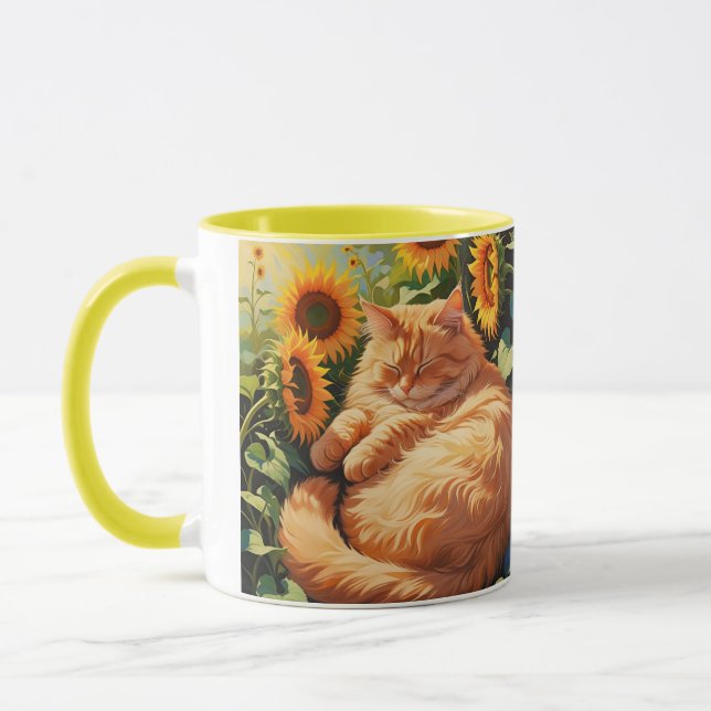 Caneca Gato Laranja Gordo Sonolento com Girassóis (Esquerda)