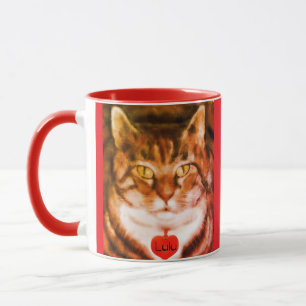 Caneca Gato listrado laranja com acabamento vermelho