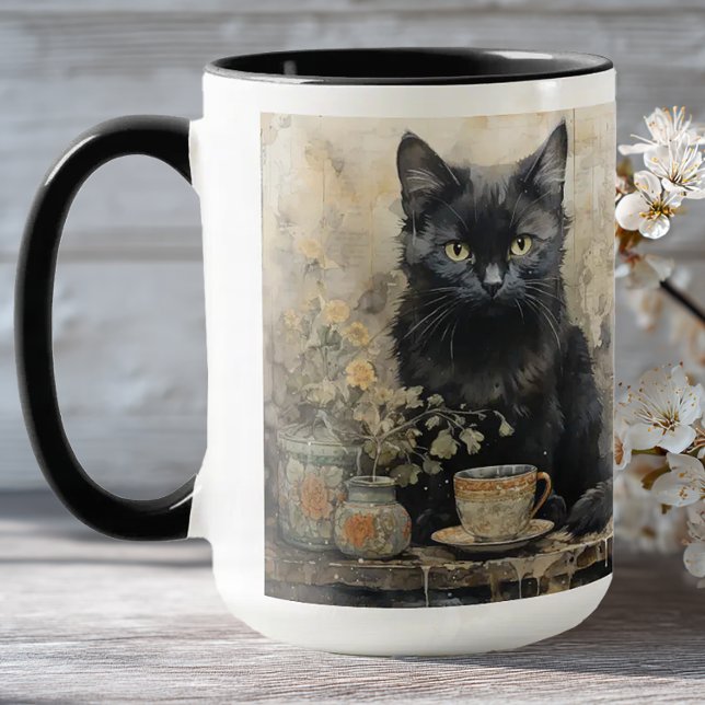 Caneca Gato Negro Elegante (Shabby Chic Black Cat Mug)
