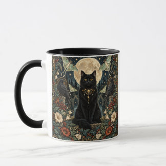 Caneca Gato Negro Gótico Celestial con Luna y Cuervos.