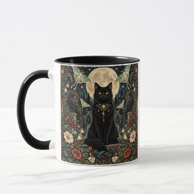 Caneca Gato Negro Gótico Celestial con Luna y Cuervos. (Esquerda)