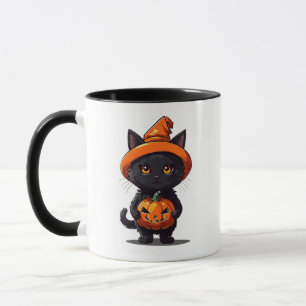 Caneca Gato Negro no Halloween das Bruxas com Abóbora