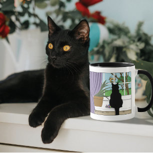 Caneca Gato Negro Olhando Para A Janela