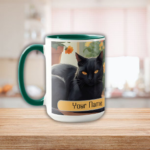 Caneca Gato Negro Personalizado com flores em vaso