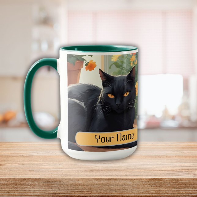 Caneca Gato Negro Personalizado com flores em vaso (Personalized Black cat with potted flowers Mug)
