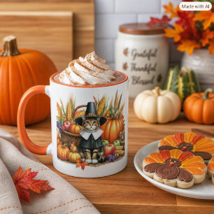 Caneca Gato Peregrino Dia de Ação de Graças Colheita de O