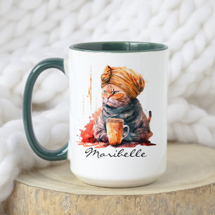Caneca Gato Persa com Aquarela com Café Bebendo Turbano