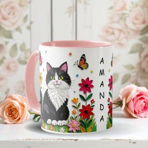 Caneca Gato Personalizado, Flores e Borboletas  