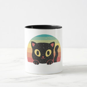 Caneca Gato Preto Curioso – Estética Retro de Pôr do Sol