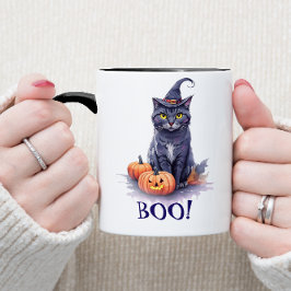 Caneca Gato preto de aquarela do Halloween com abóbora