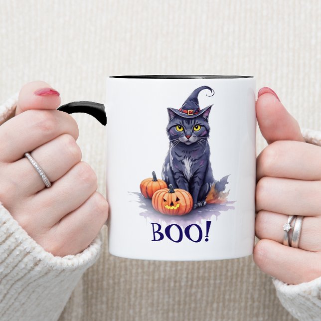 Caneca Gato preto de aquarela do Halloween com abóbora (Criador carregado)