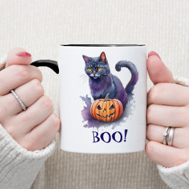 Caneca Gato preto de aquarela do Halloween com abóbora