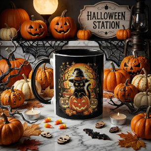 Caneca Gato Preto de Halloween Abóbora Bruxa Gato Assusta