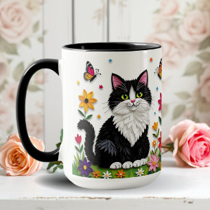 Caneca Gato Preto e Branco, Flores e Borboletas  