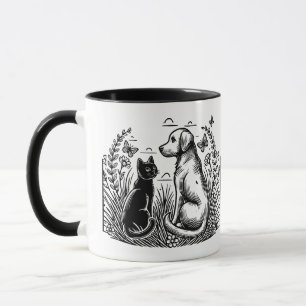 Caneca Gato Preto e Silhueta de Retriever Dourado