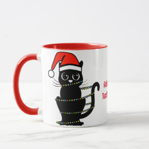 Caneca Gato Preto Engraçado Luz de Natal Chapéu de Papai 