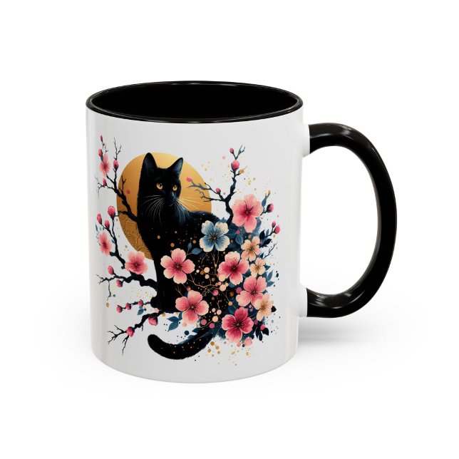 Caneca Gato Preto Flor de Cerejeira Presente Flora (Criador carregado)