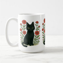 Caneca Gato Preto & Flores Vermelhas
