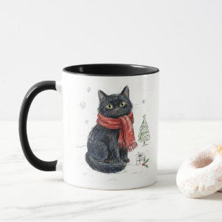 Caneca Gato Preto Fofo com Cachecol Vermelho Árvore de Na