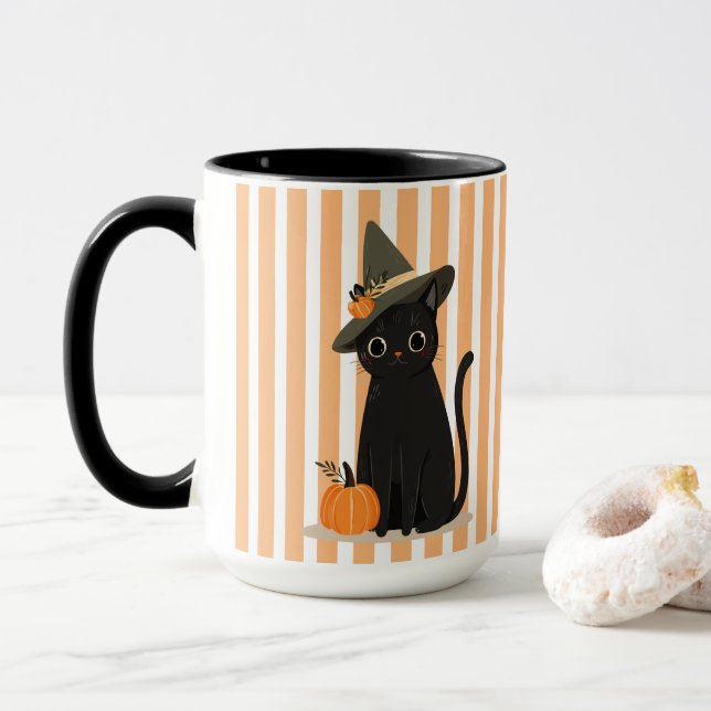 Caneca Gato Preto Fofo de Halloween com Chapéu de Bruxa e (Com Donut)