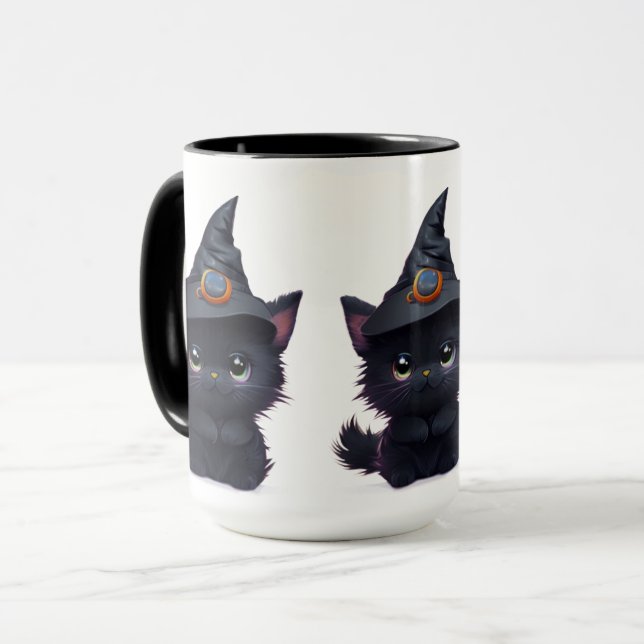 Caneca Gato preto fofo e caprichoso de Halloween (Frente Esquerda)