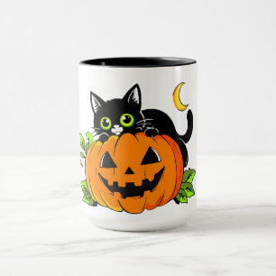 Caneca Gato Preto Fofo no Abóbora de Halloween Jack-O'-La