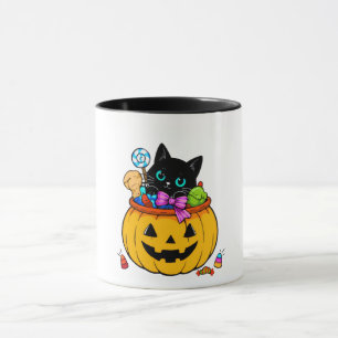 Caneca Gato Preto Fofo no Abóbora Jack-O'-Lantern Hallowe