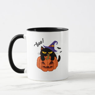 Caneca Gato preto gorducho de chapéu de bruxa no Hallowee