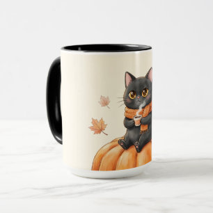 Caneca Gato Preto Kawaii de Outono Aconchegante Café com