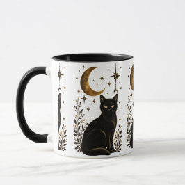 Caneca Gato Preto Místico Crescente Lua Estrelas Escuro G