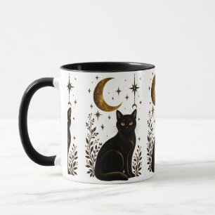 Caneca Gato Preto Místico Crescente Lua Estrelas Escuro G