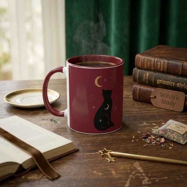 Caneca Gato Preto Místico & Lua Celestial Burgundy (Criador carregado)