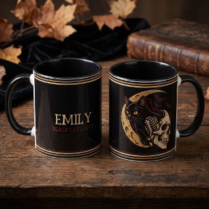 Caneca Gato Preto Personalizado Esqueleto Crânio Hallowee