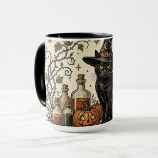 Caneca Gato Preto Vintage com Abóbora, Lua Crescente e
