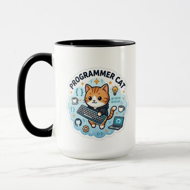 Caneca Gato Programador Fofo Adesivo de Vinil de Codifica (Esquerda)