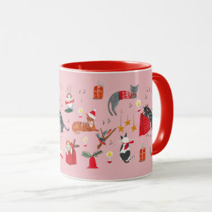 Caneca Gato retrato bonito, cor-de-rosa, padrão de Natal 