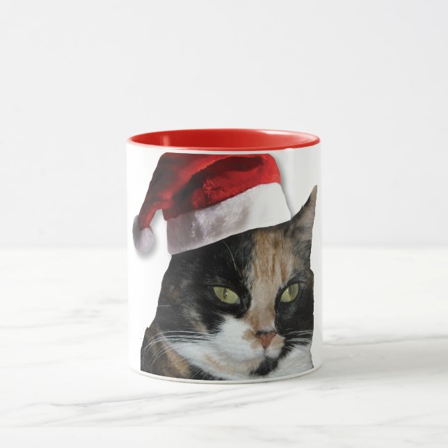 Caneca Gato Tricolor com um Chapéu de Papai Noel (Centro)
