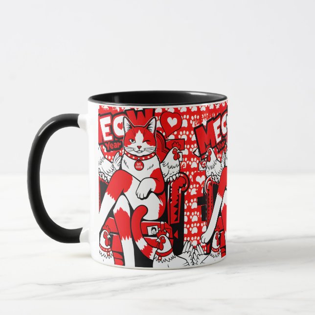 Caneca Gato Vermelho Branco Piscando e Padrão de Galinhas (Esquerda)