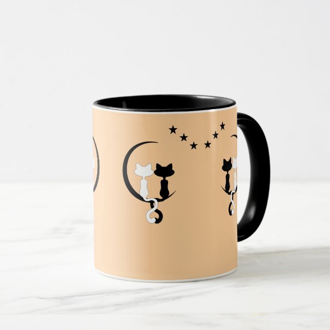 Caneca Gatos de Casal Preto e Branco Sob Lua Crescente (Frente Esquerda)