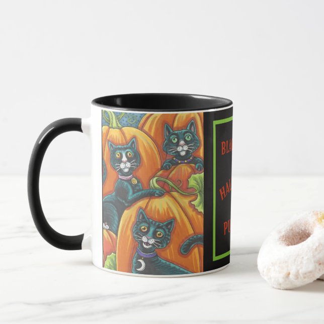 CANECA GATOS NEGROS EM PATCH PATCH PATCH HALLOWEEN MUG (Com Donut)