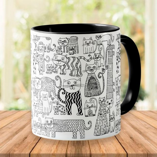 Caneca Gatos pretos e brancos com padrão divertido e mode (Criador carregado)